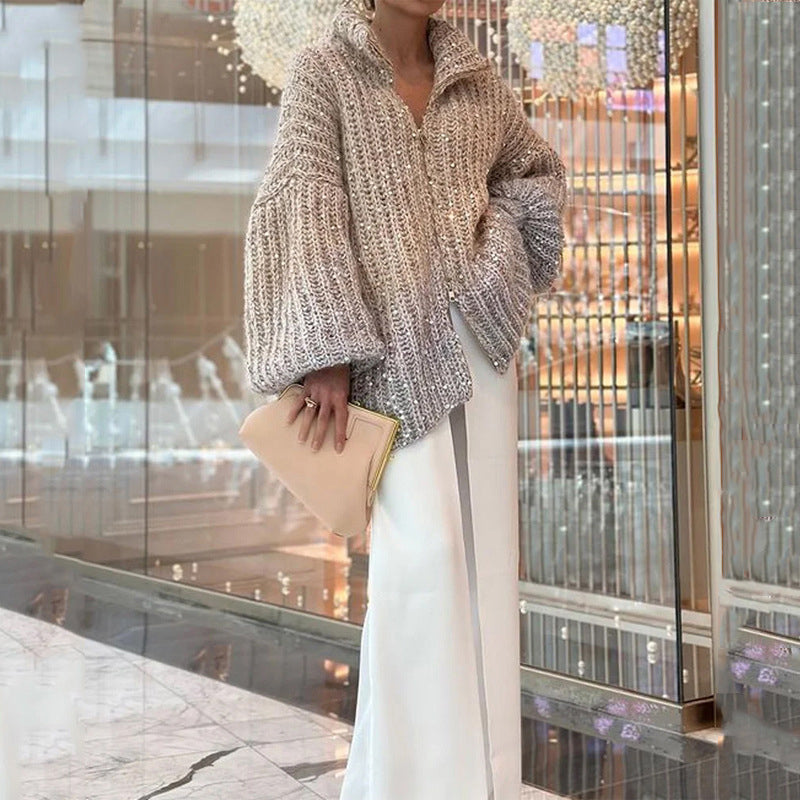 🎅Frühjahrsverkauf - 50% Rabatt🎄Gestrickte Pulloverjacke mit einfarbigen Pailletten