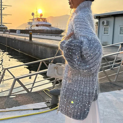 🎅Frühjahrsverkauf - 50% Rabatt🎄Gestrickte Pulloverjacke mit einfarbigen Pailletten