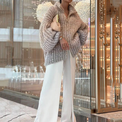 🎅Frühjahrsverkauf - 50% Rabatt🎄Gestrickte Pulloverjacke mit einfarbigen Pailletten