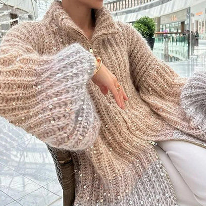 🎅Frühjahrsverkauf - 50% Rabatt🎄Gestrickte Pulloverjacke mit einfarbigen Pailletten