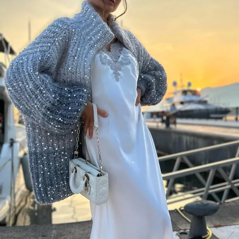 🎅Frühjahrsverkauf - 50% Rabatt🎄Gestrickte Pulloverjacke mit einfarbigen Pailletten