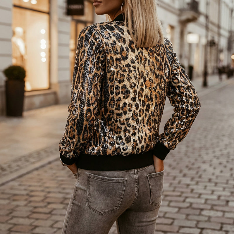 ✨ Damen Bomberjacke – Transparente Pailletten & Leopardenmuster, Funkelnd für Party & Streetstyle, S–2XL