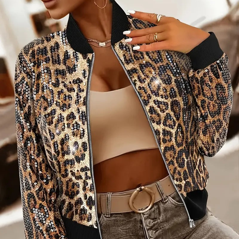 ✨ Damen Bomberjacke – Transparente Pailletten & Leopardenmuster, Funkelnd für Party & Streetstyle, S–2XL