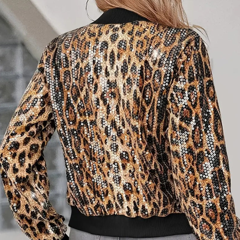 ✨ Damen Bomberjacke – Transparente Pailletten & Leopardenmuster, Funkelnd für Party & Streetstyle, S–2XL