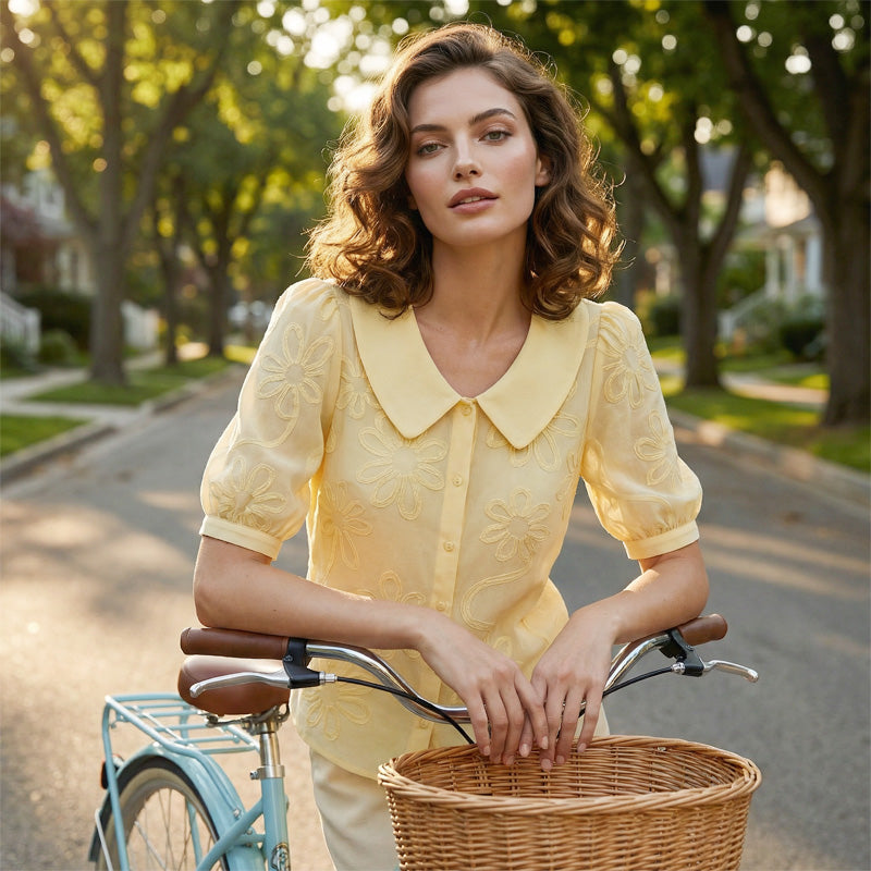 🌸👚Besticktes Retro-Hemd mit Blumenmuster und Kragen