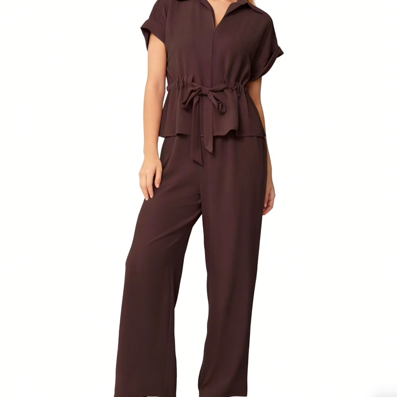 🌟 Diese Woche im Angebot! 🌟 Damen Freizeitset mit Reverskragen & Kordelzug – V-Ausschnitt-Oberteil + Weite Hose | Elegantes & bequemes 2-Teile-Set 👚💕