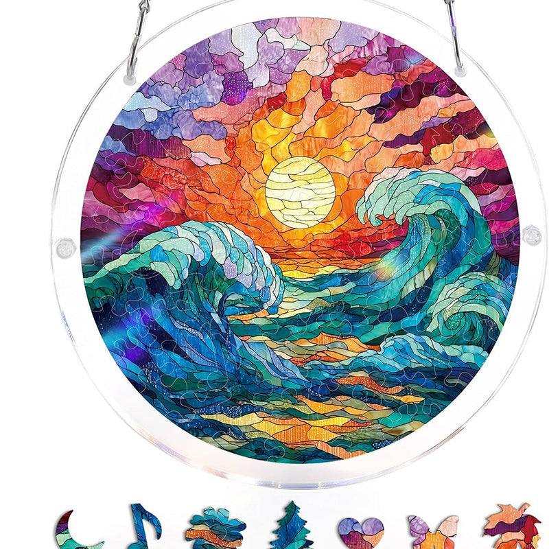 Acryl-Puzzle „Sonnenuntergang & Meer“ zum Aufhängen am Fenster
