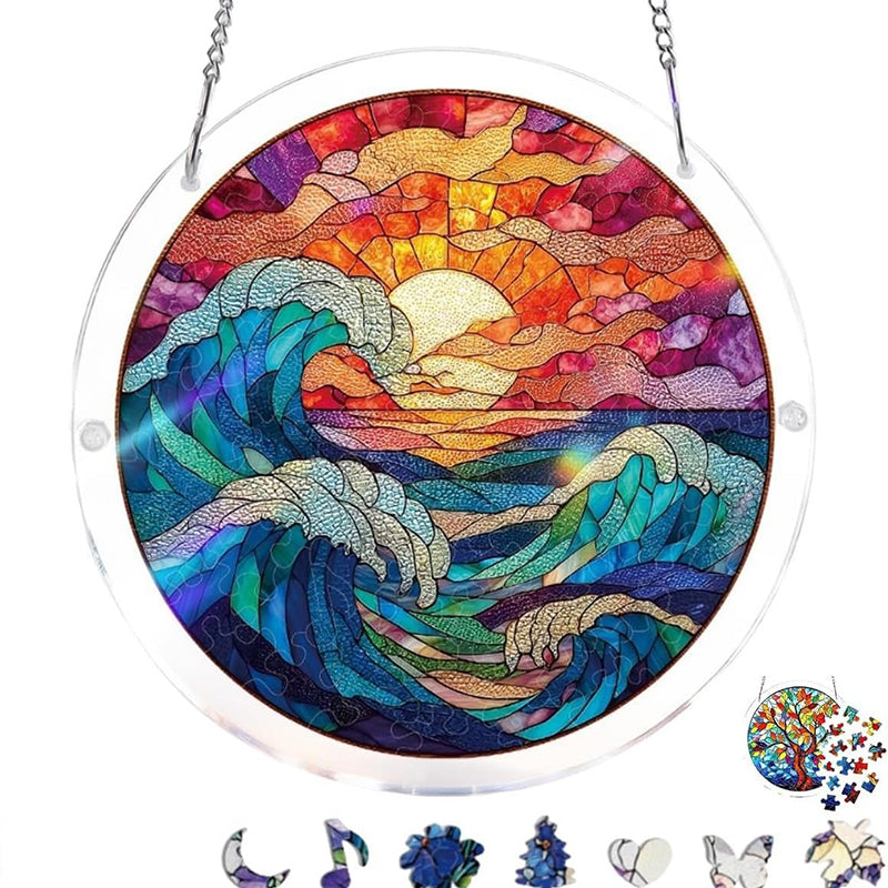 Acryl-Puzzle „Sonnenuntergang & Meer“ zum Aufhängen am Fenster