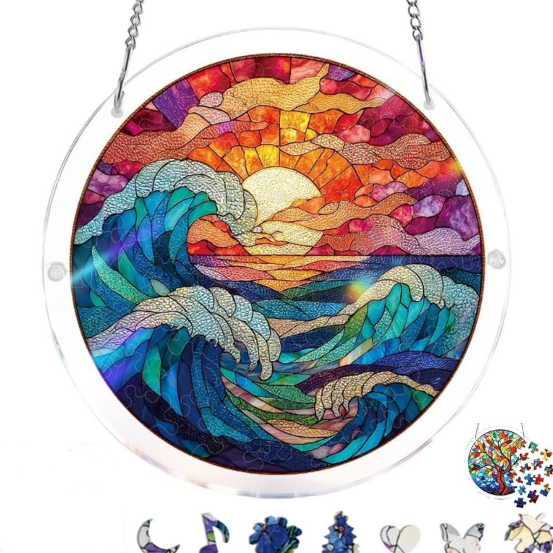 Acryl-Puzzle „Sonnenuntergang & Meer“ zum Aufhängen am Fenster